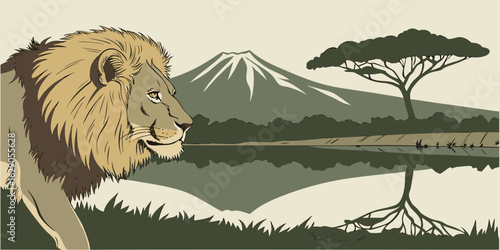 Vector illustration of  lion mirrored in water with Mount Kilimanjaro in the mountain background.