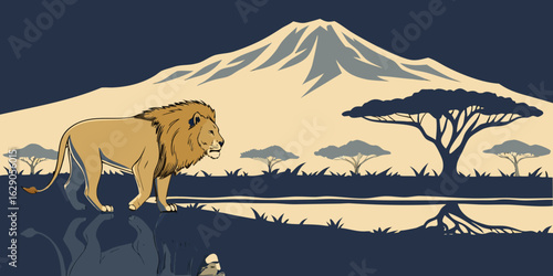 Vector illustration of  lion mirrored in water with Mount Kilimanjaro in the dark  background.