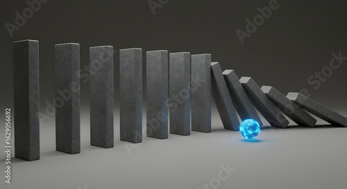 A glowing catalyst sphere triggers a massive domino effect in a stone line, a metaphor for a chain reaction, systemic change, and the power of a single action.