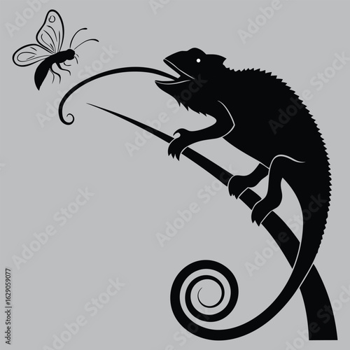 Chameleon catching insect with tongue silhouette vector design art and illustration