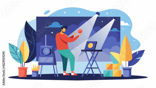 A live painting is set up near the stage with an artist creating a masterpiece inspired by the featured artists music and style. Vector illustration