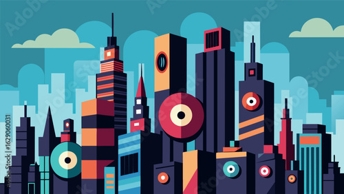 A neverending colony of towering vinyl record skyscrs each one representing a different musical genre and offering a unique experience. Vector illustration
