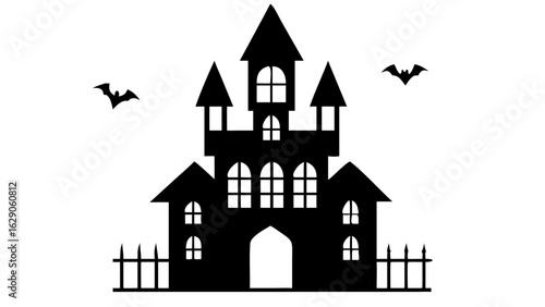 Silhouette of a spooky haunted house with bats flying around it and a fence in the foreground shown in black