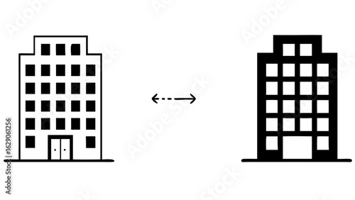 Comparison of two buildings one in outline and the other in solid fill with an arrow between them