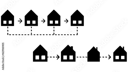 Black and white diagram showing two different paths of houses connected by arrows and dashed lines