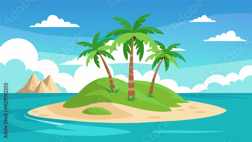 A deserted island with white sandy beaches and swaying palm trees where you can do a full body workout while imagining being on a tropical getaway.. Vector illustration