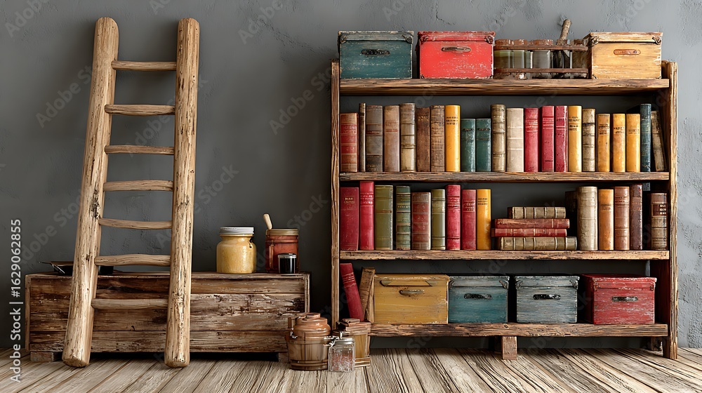 Fototapeta premium Elegant vintage library ladder leaning against tall bookshelves, with an upper blank wall area ready for text overlay or graphic insertion.