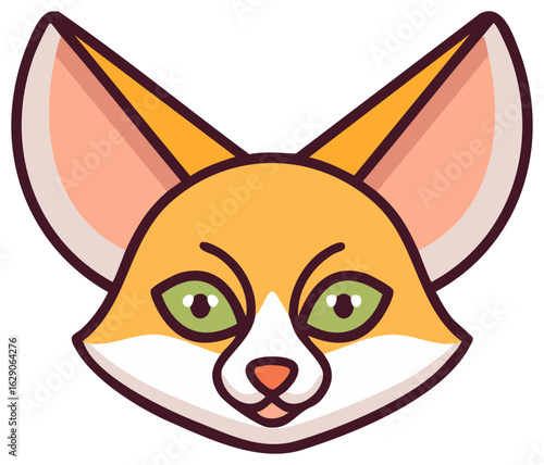 Stylized Fennec Fox Head with Large Ears and Green Eyes in Cartoon Style Minimalist Design, Cartoon Graphic, Vector Illustration