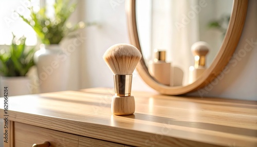 Makeup brush rests on a vanity table