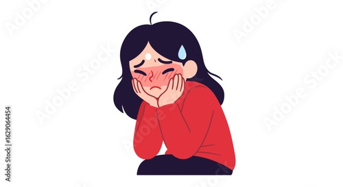 Anxious young woman clutching documents, feeling nervous and stressed. Illustration of fear and social anxiety before a presentation or exam.