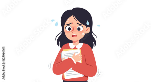 Anxious woman having a panic attack, sitting on a sofa and hugging a pillow. Mental health concept with lightning symbol of stress and fear.