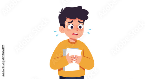 Anxious cartoon boy holding papers, sweating with a fearful and nervous expression