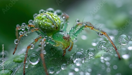 Wallpaper Mural Close-up of a vibrant green spider covered in water droplets Torontodigital.ca
