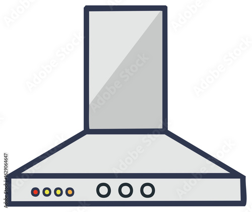 Cartoon illustration of a modern kitchen range hood with controls and lights