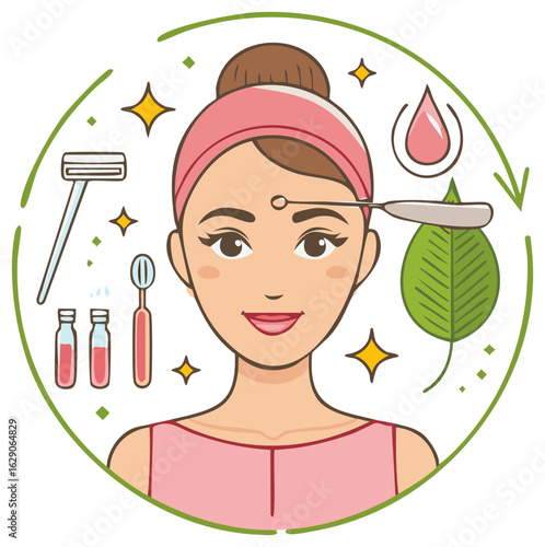 Woman's face with skincare routine tools like comedone extractor serum and razor for a beauty treatment concept