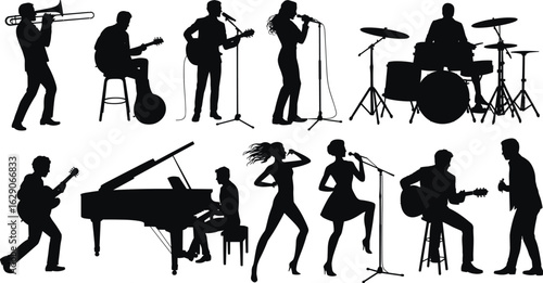 Silhouettes of musicians performing with guitar, piano, drums, trumpet, singers, dancing, on stage, flat vector.eps
