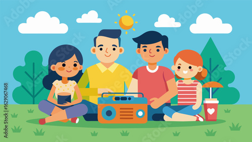 A family of four gathered around a radio tuning in to their favorite talk show as they enjoy a picnic on a sunny day. Vector illustration