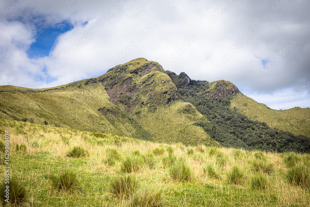 Obraz premium Pichincha Province, Quito, Ecuador - July 5, 2025: The Pasochoa volcano is located in the Pasochoa wildlife refuge. It is an extinct volcano, 4,200 meters high.