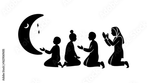 Islamic prayer ramadan kareem eid mubarak muslims praying together under crescent moon and stars design
