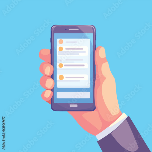 Hand holding smartphone with text messages. Chatting, online conversation concept. Mobile phone screen with messenger app interface. Digital communication via text. Flat vector
