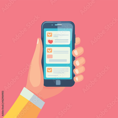 Hand holding smartphone with text messages. Chatting, online conversation concept. Mobile phone screen with messenger app interface. Digital communication via text. Flat vector