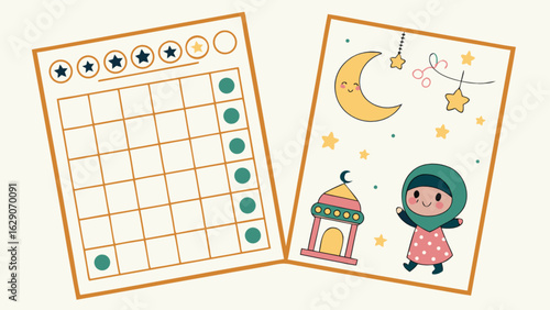 Ramadan bingo game card printable for kids activity with islamic lantern and crescent moon illustration