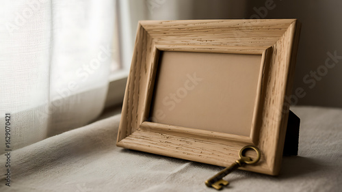 A wooden picture frame with a key placed next to it on a neutral colored surface on transparent background