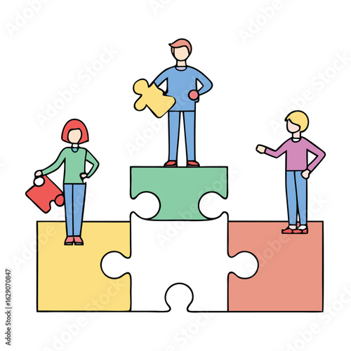 People stand confidently on colorful jigsaw puzzle pieces, symbolizing unity, teamwork, and how every individual’s unique role fits perfectly into the bigger picture.
