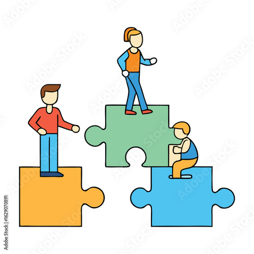 People stand confidently on colorful jigsaw puzzle pieces, symbolizing unity, teamwork, and how every individual’s unique role fits perfectly into the bigger picture.
