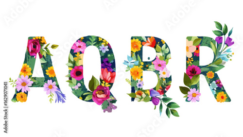 Floral alphabet letters aqbr design with watercolor flowers and leaves for decoration project