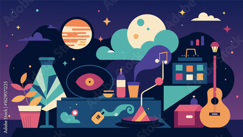 A magical evening filled with the sights sounds and smells of a sensory music night as the melodies from vintage vinyl records fill the air. Vector illustration
