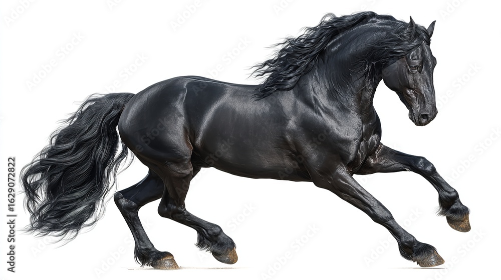 Fototapeta premium A black horse galloping isolated on white background