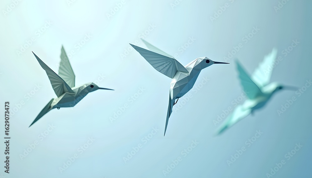 Obraz premium Three white hummingbirds in flight against a light blue sky