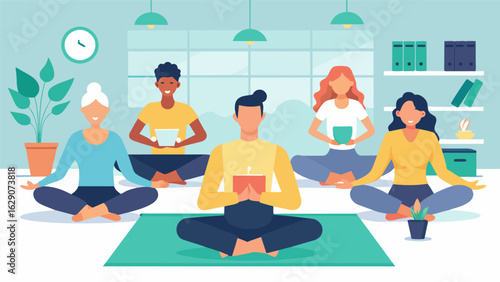 A group of coworkers participating in a gentle yoga session during their lunch break in the companys designated quiet room.. Vector illustration