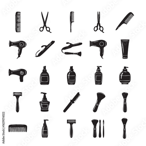 Set of black silhouette vector objects for hairdressing salon representing equipment for hair styling and care isolated on white background