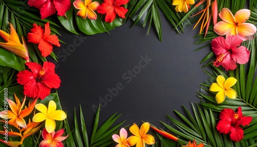Exotic summer floral concept with a frame of tropical flowers and green leaves on a black background with empty space for text.