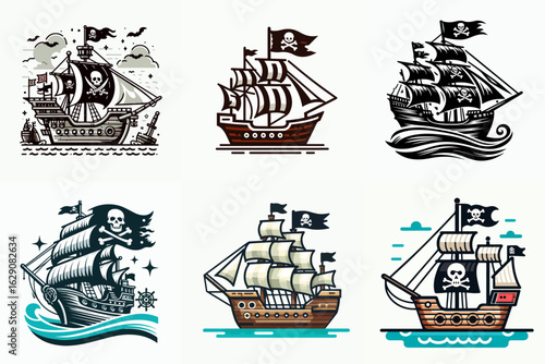 vector illustration set of pirate flag ship