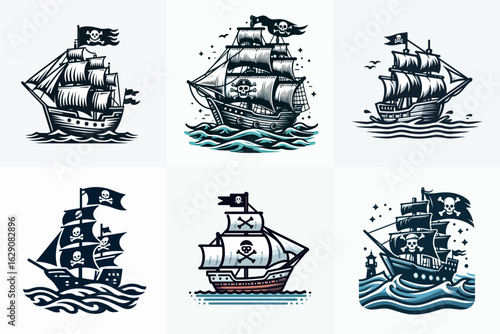vector illustration set of pirate flag ship