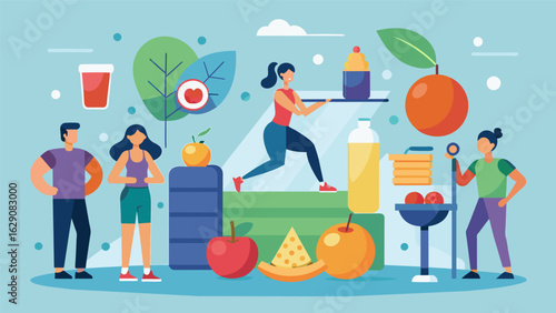 A fitness and nutrition expo features fitness challenges and educational seminars on healthy eating habits.. Vector illustration