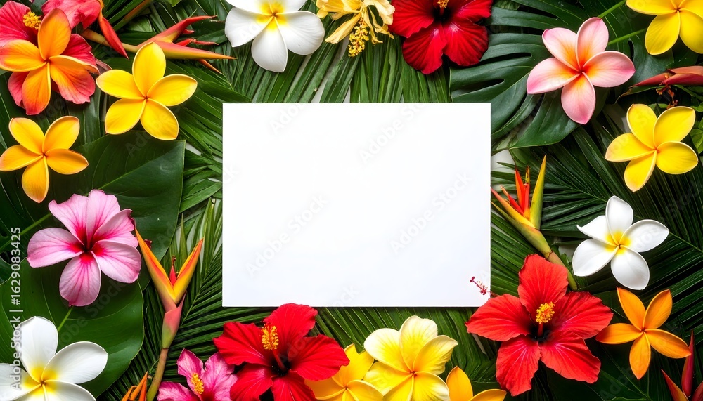 Fototapeta premium Vibrant summer flat lay of tropical flowers like hibiscus and plumeria on green palm leaves with blank paper for copy space.