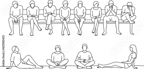 People sitting on bench, relaxed posture, thoughtful expression, barefoot figures, casual group, indoor scene, calm mood, character sketch, peaceful interaction. eps