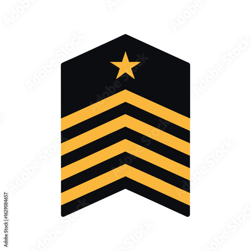 A dark blue chevron-shaped insignia featuring a gold star and four gold chevrons indicating military rank.