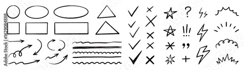 Chalk check mark arrow collection. Blackboard doodle style symbols, sketchy pencil quotes, checkboxes and hand drawn crayon underline. Pencil chalk stroke texture highlight, arrow. Vector illustration