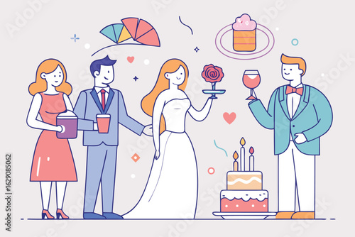 Happy Wedding Party Celebrating with Cake and Drinks