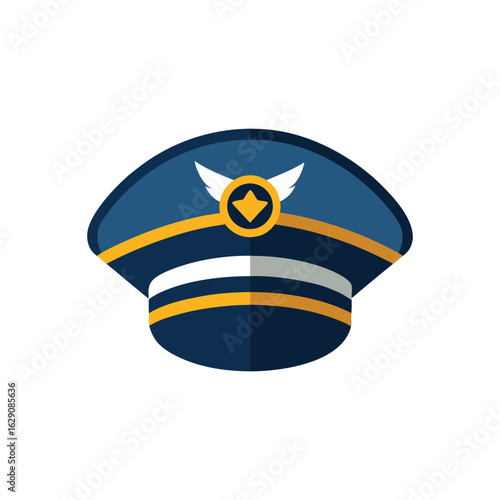A flat illustration of a dark blue pilot's cap with gold trim, a white band, and a winged emblem featuring a gold star.