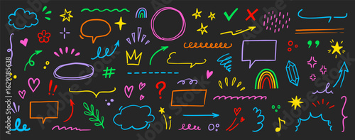 Cute line element icon set. Hand drawn heart, star, cloud brush stroke colorful cartoon style. Funny doodle sketch arrow, heart, flower marker decoration for kid art design. Vector illustration