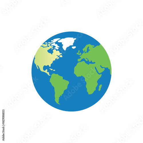 A colorful, flat illustration of planet Earth, featuring green landmasses and blue oceans, with a hint of yellow for North America.