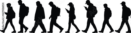 Silhouette of people walking while using smartphones, modern lifestyle addiction, digital distraction, urban youth behavior, mobile phone obsession concept.eps