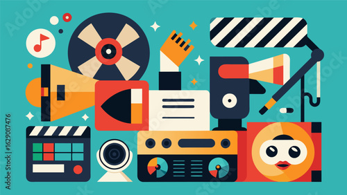 A film festival screens documentaries about the rise and influence of leading record labels in the music industry. Vector illustration