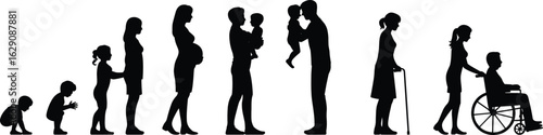 Silhouette of human life stages from infancy to old age, growth evolution concept, family care, generational journey flat vector. eps